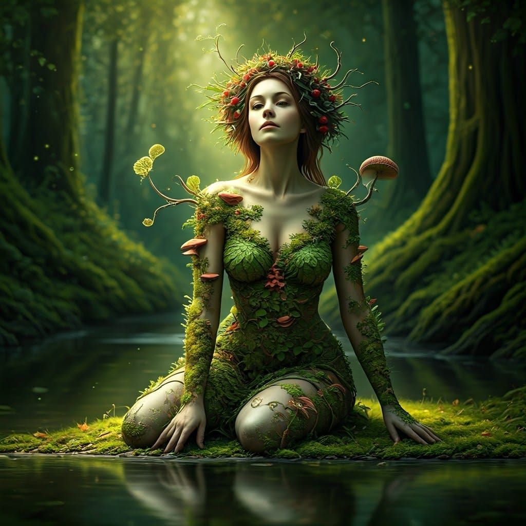 Woman Emerges from Forest Floor as Living Tapestry of Flora