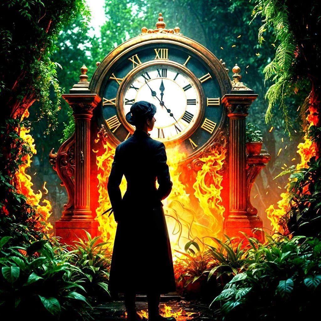 Surreal Clock, Plant, Fire, and Human Composition