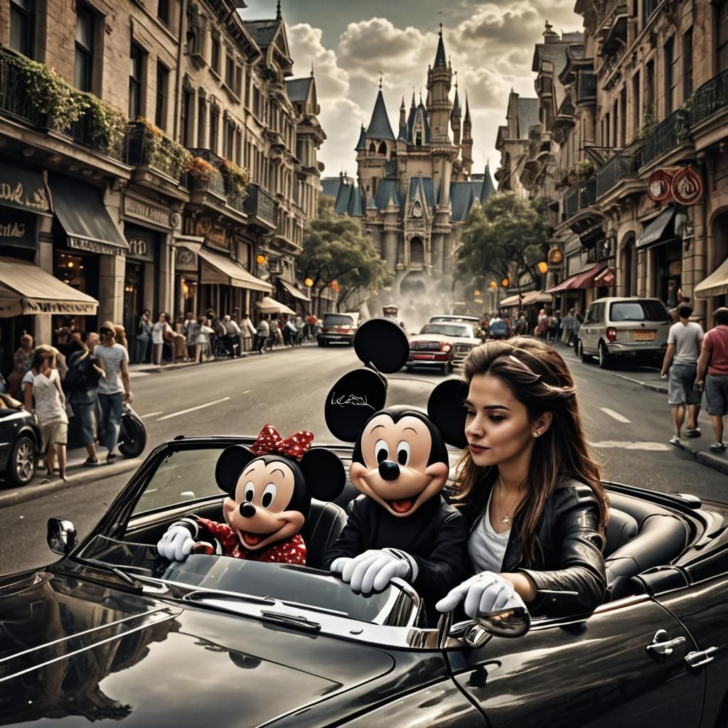Mickey Mouse Drives Convertible in Hyperrealistic Style
