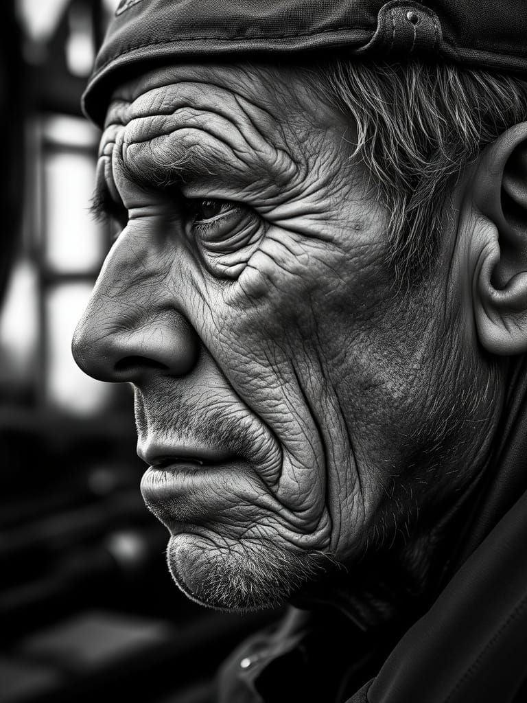 Worker's Exhausted Face in High-Contrast Black and White