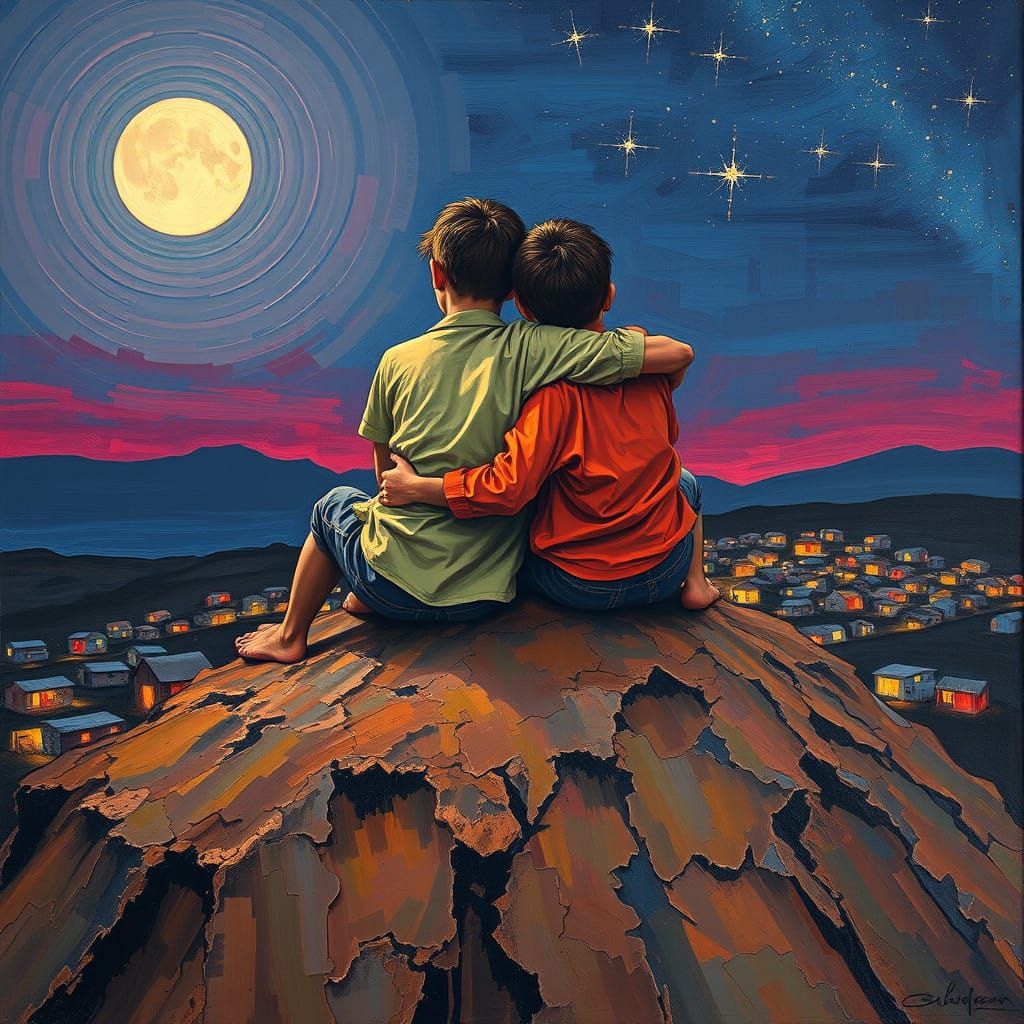 Embracing Figures in Vibrant Neo-Expressionist Landscape