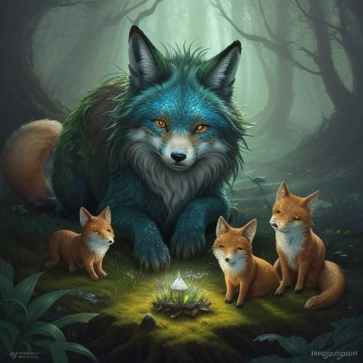 Fox Kits Gaze at Glowing Mushroom: Fantasy Art