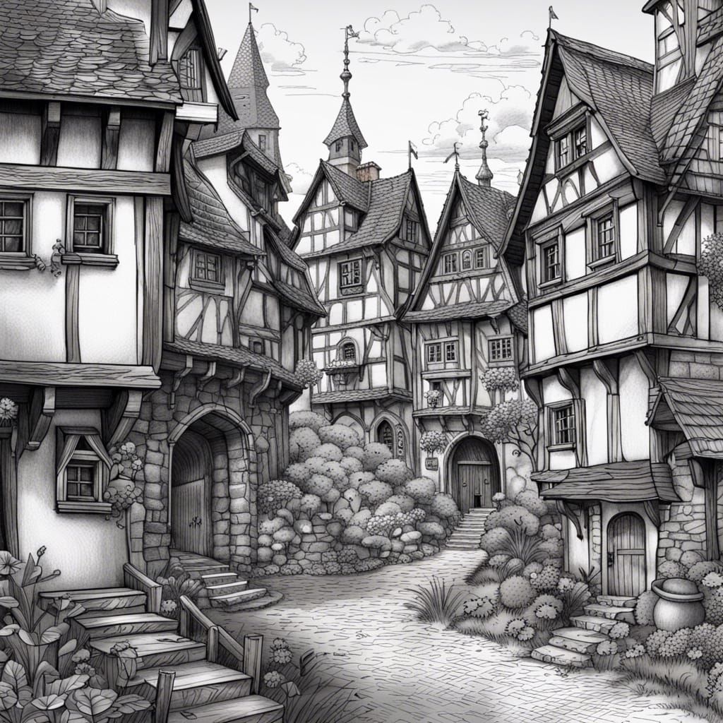 Medieval German Village in Pen and Ink Style