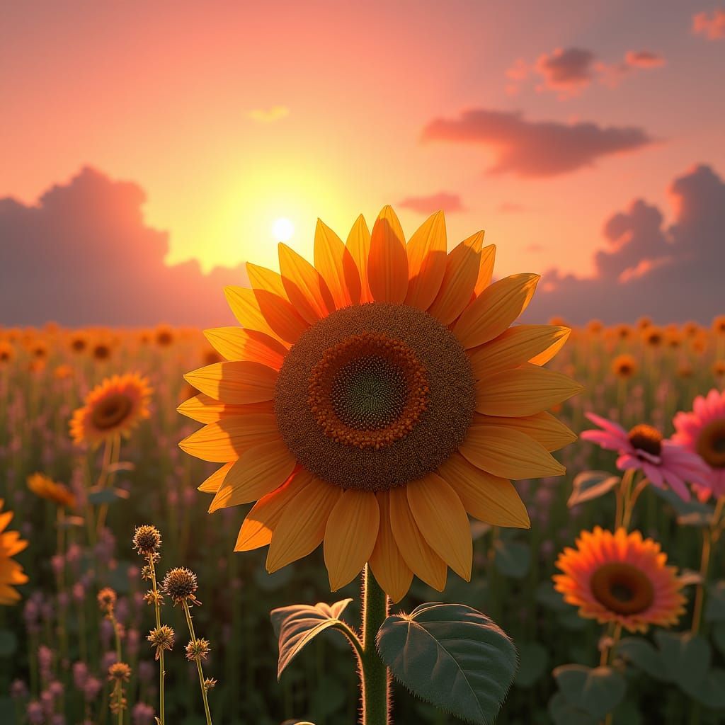 Vibrant Sunflower Field at Sunset: Hyper-Realistic Digital A...