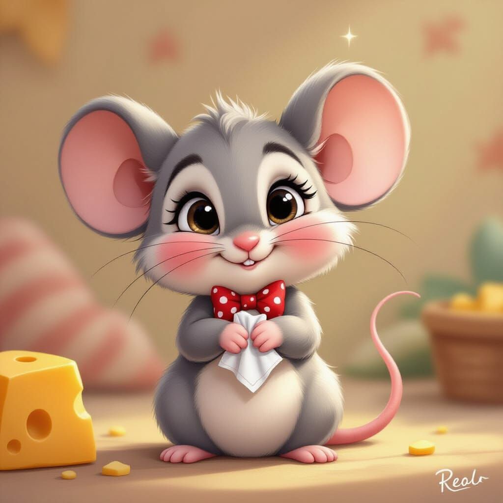 Shy Cartoon Mouse with Red Bowtie in 3D Style