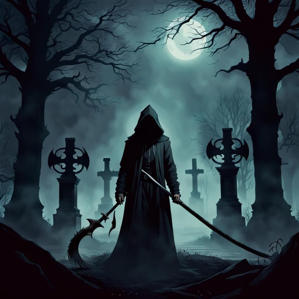 Eerie Graveyard Scene: Hooded Figure with Scythe