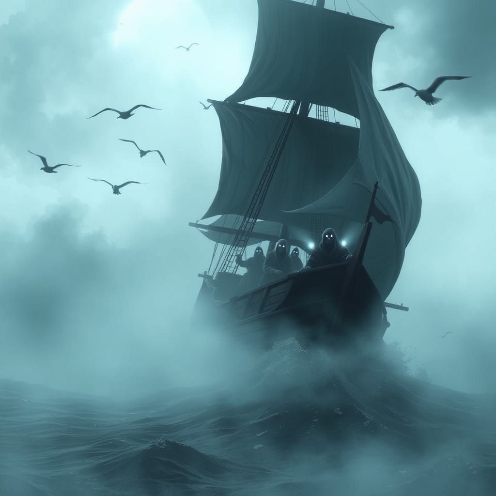 Ghostly Ship Sails Silently Through Misty Sea