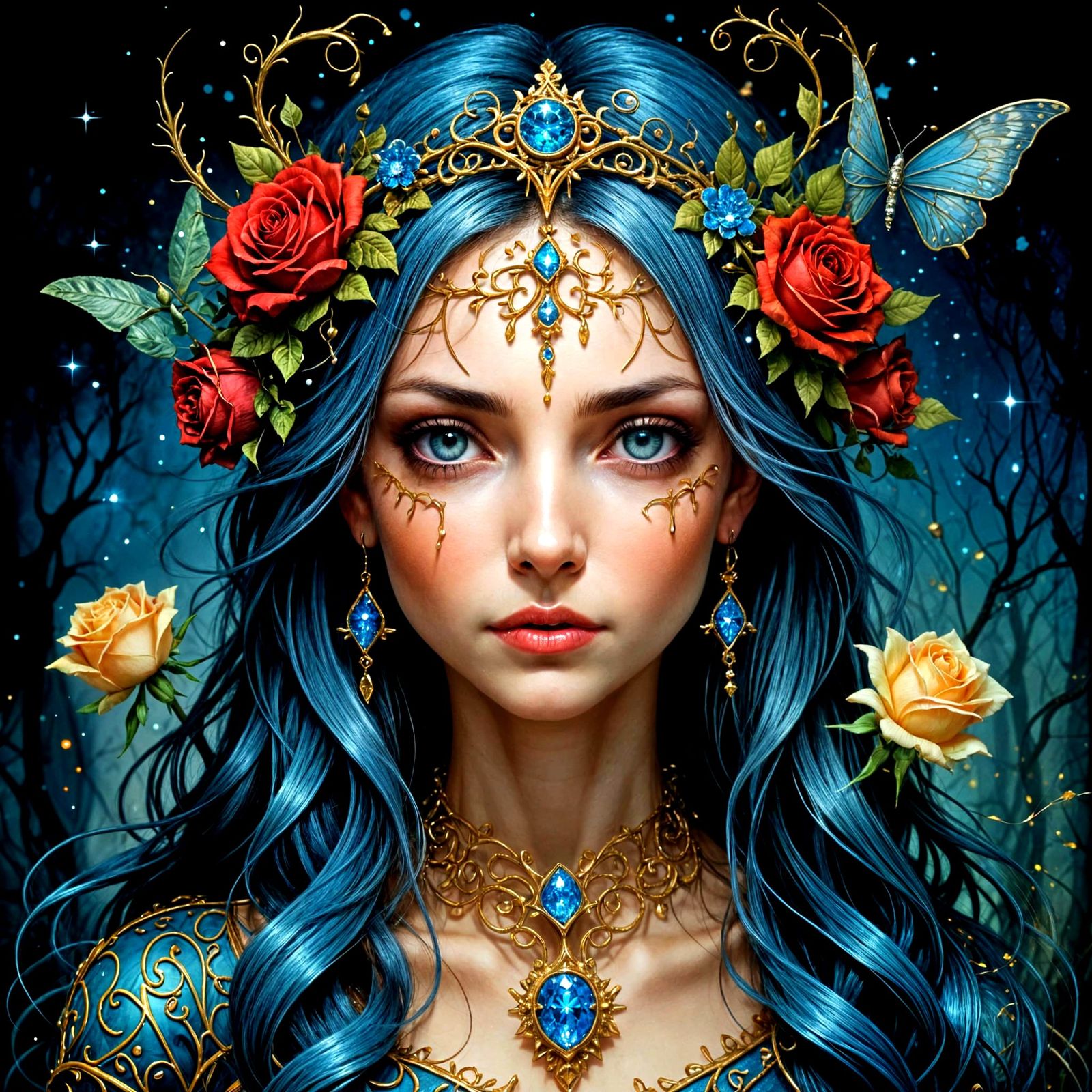 Mystical Fairy Portrait in Vibrant Red Hair with Glittering....