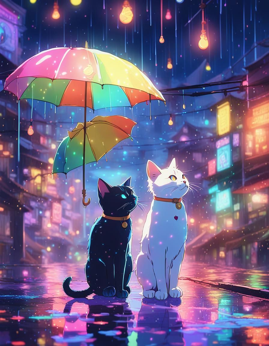Cats Under Rainbow Rain: Vibrant Anime Art