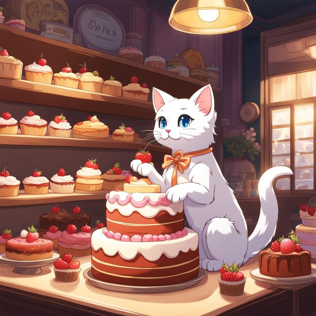 Cat Decorating Cakes in Anime Style Bakery