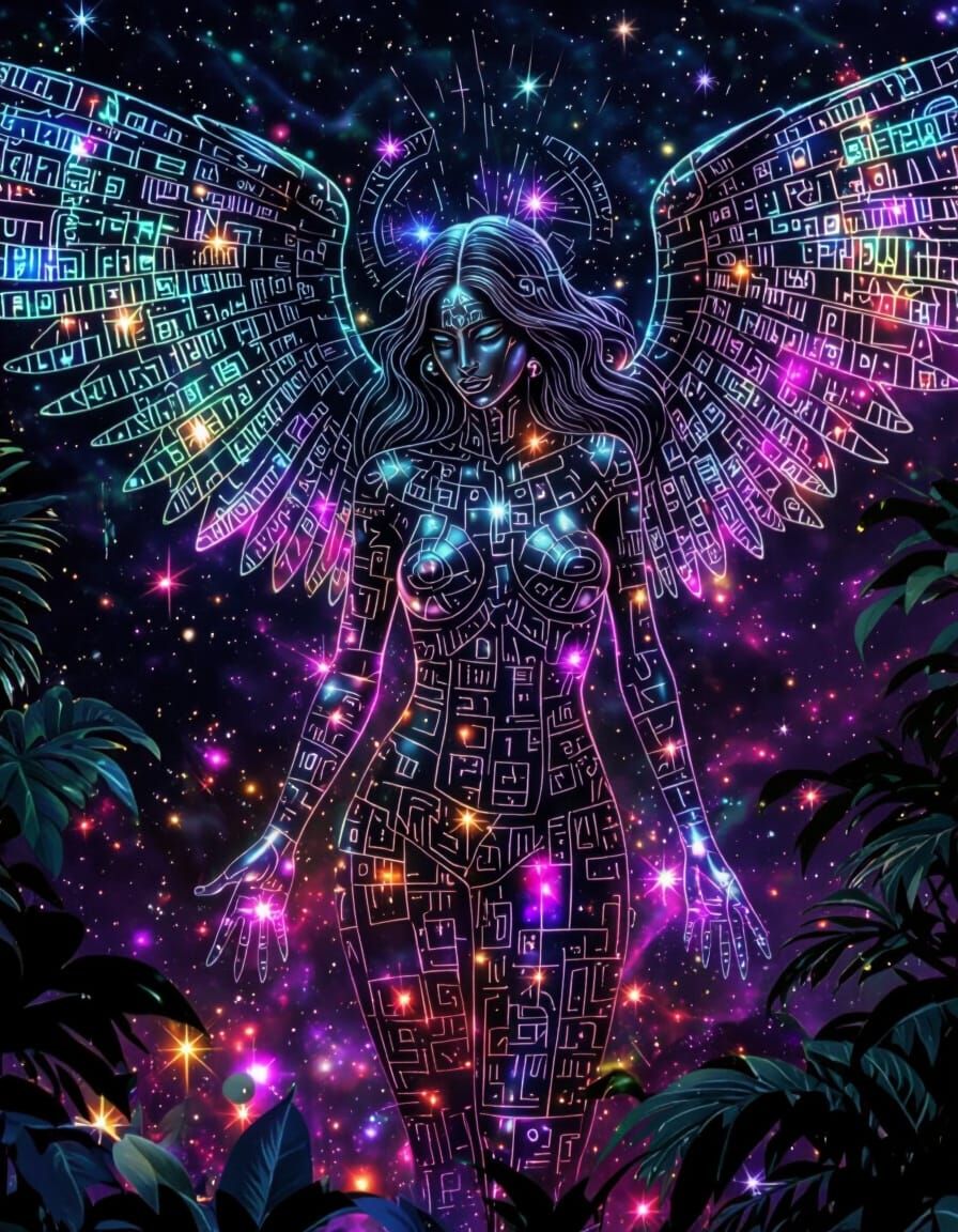Psychedelic Dark Angel in Sacred Jungle