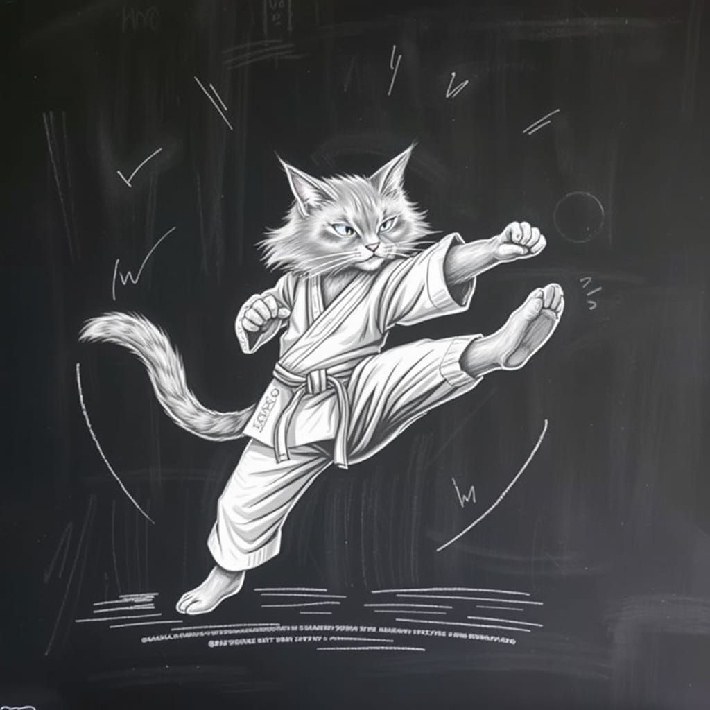 Karate Cat Chalk Drawing on Blackboard
