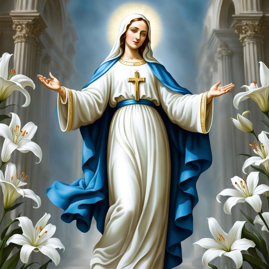 Virgin Mary with Lilies: A Peaceful Prayer Card Image