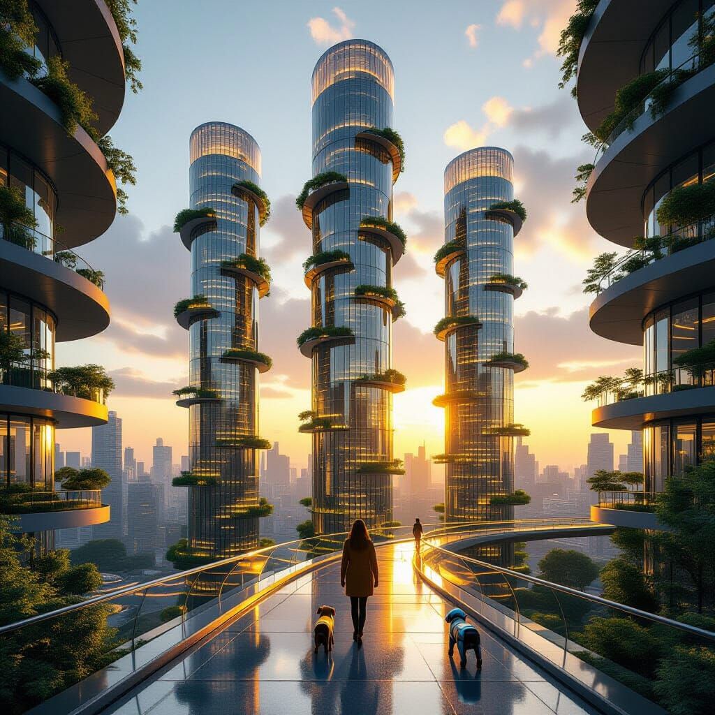 Futuristic Cityscape with Blooming Trees and Golden Light