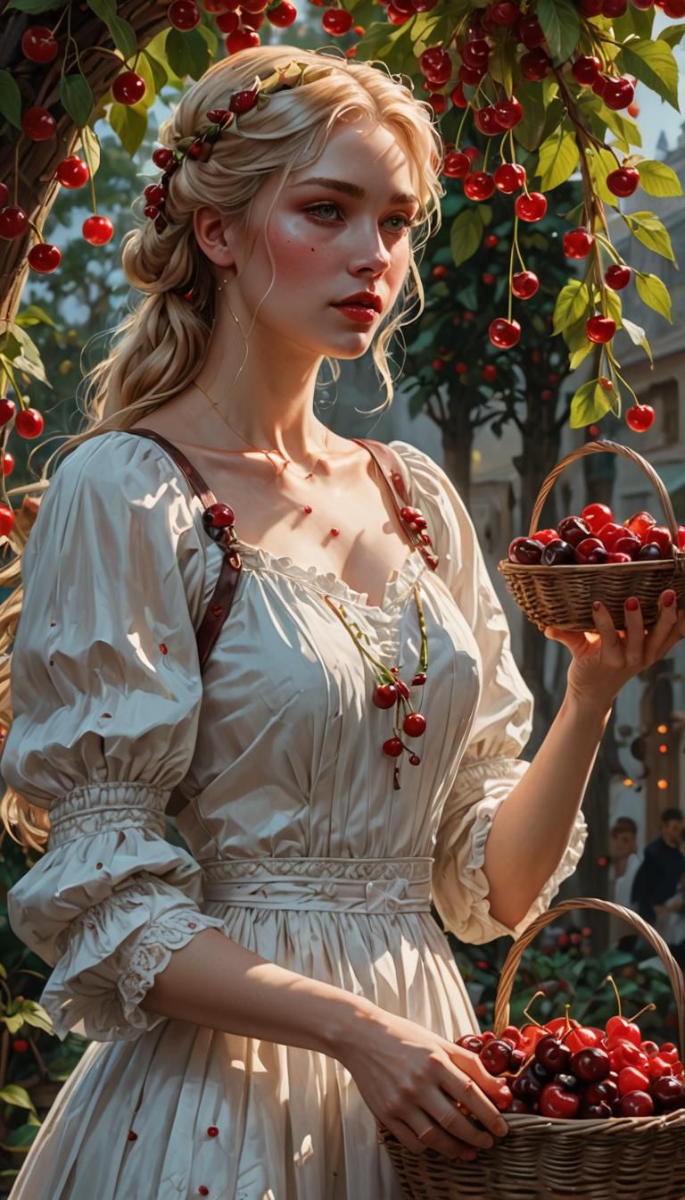 Cherries Shared: Hyperdetailed Portrait in Art Nouveau Style