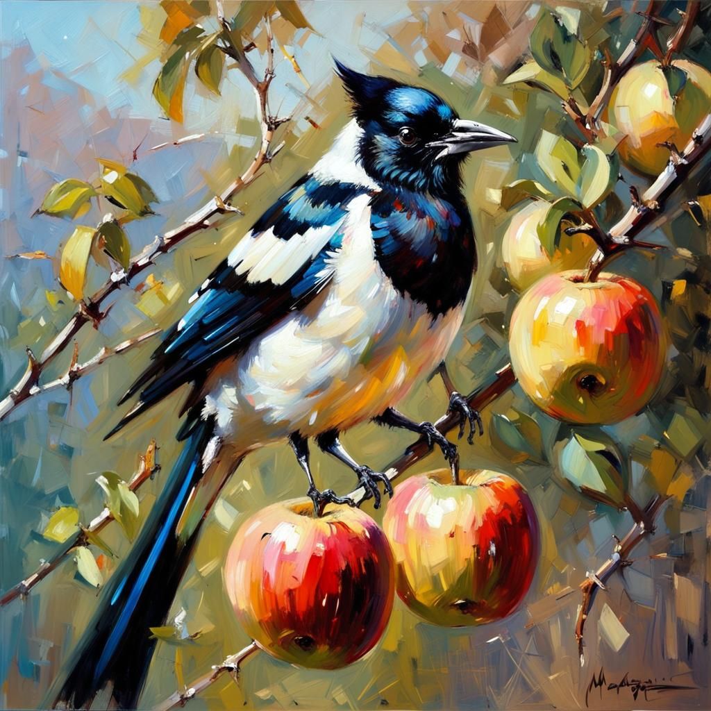 Magpie in Apple Tree: Impressionistic Painting