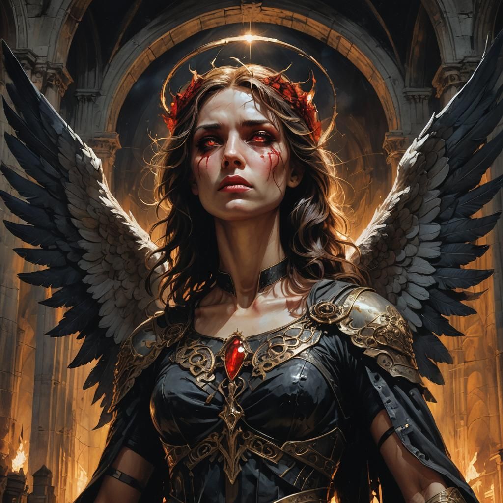 Dark Angel in Ruined Cathedral: Fantasy Illustration