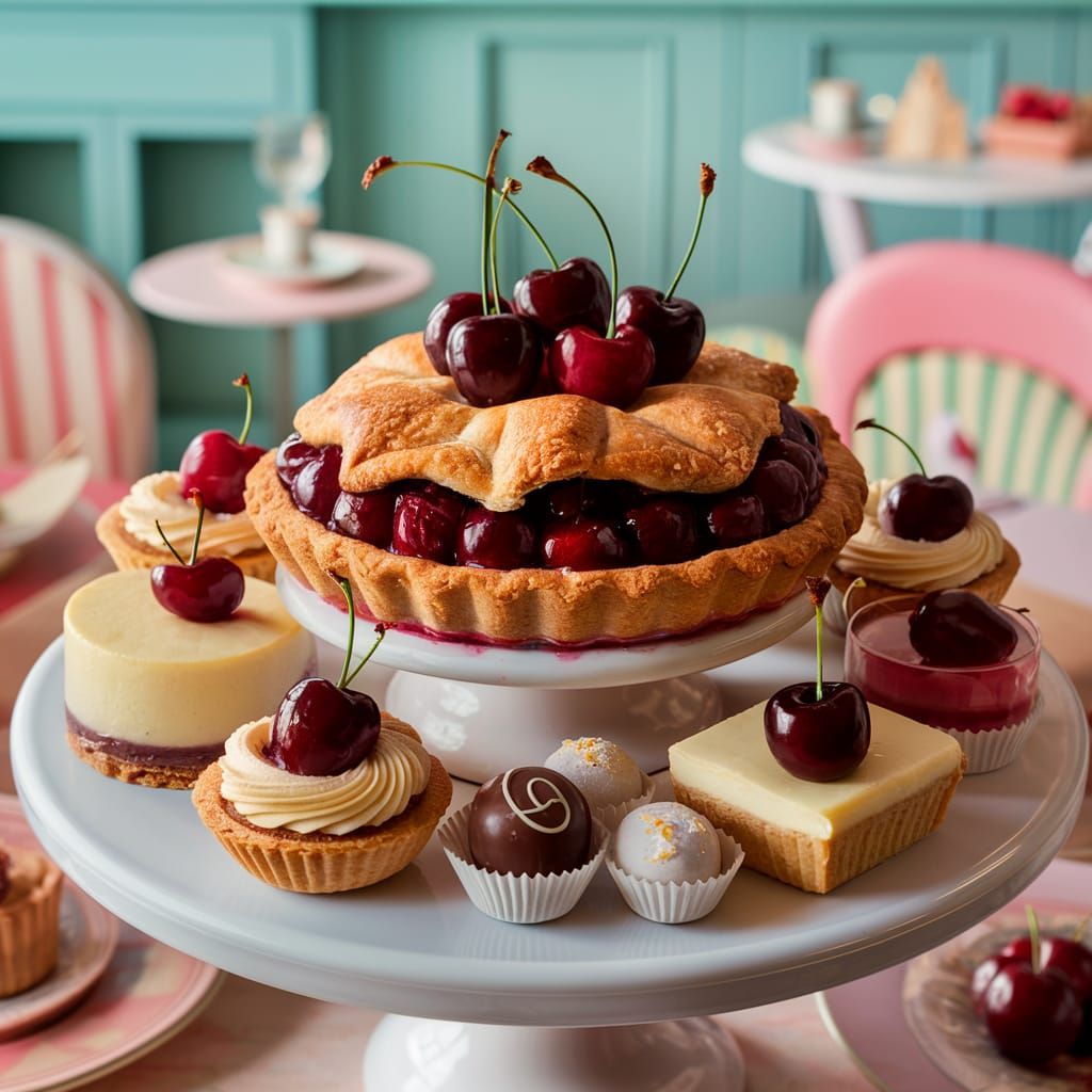 Tempting Cherry Dessert Display in Vintage Cafe