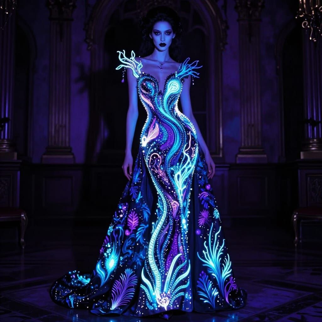Bioluminescent Couture Model in Gothic Ballroom