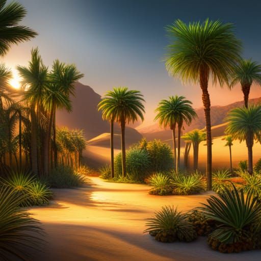 Lush Oasis in Arid Desert Landscape