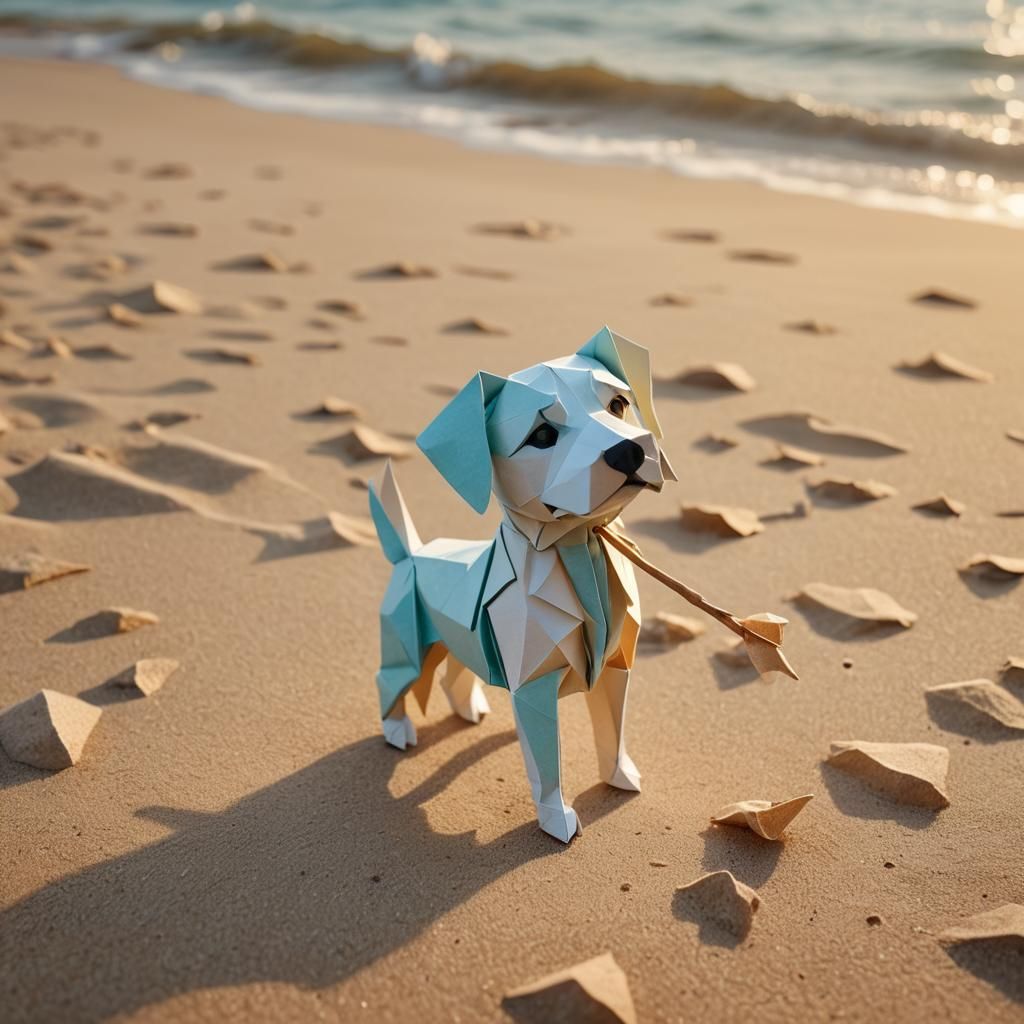 Origami Dog on Sunny Beach in Papercraft Style