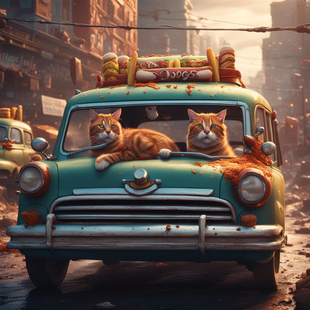 Cat in Car Eating Hot Dogs, Detailed Digital Painting