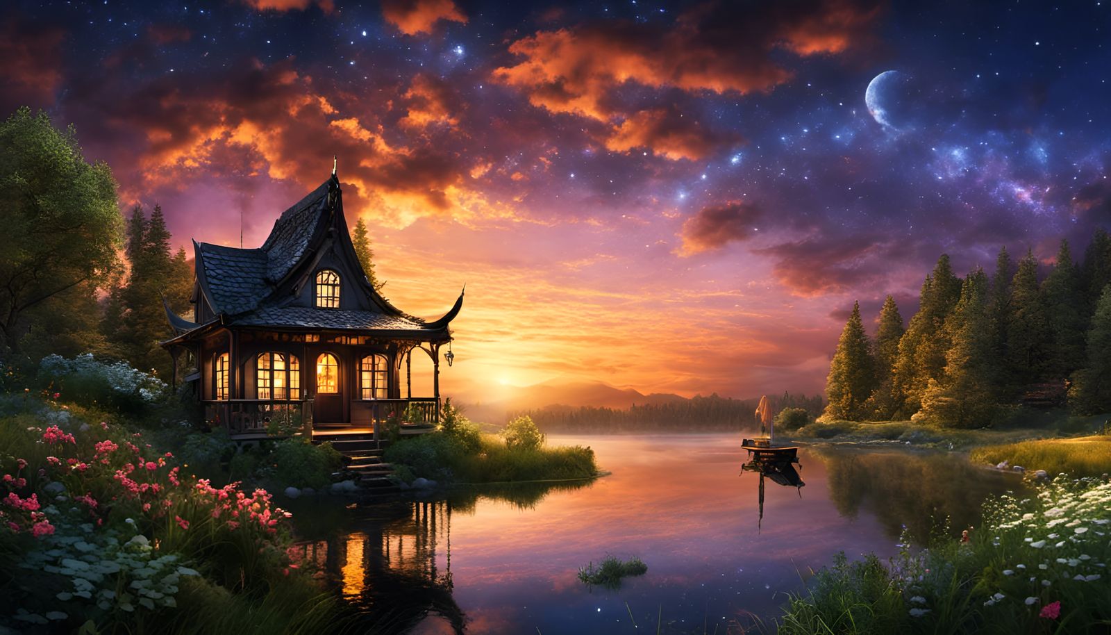 Enchanted Wonderland Cottage at Starry Sunset