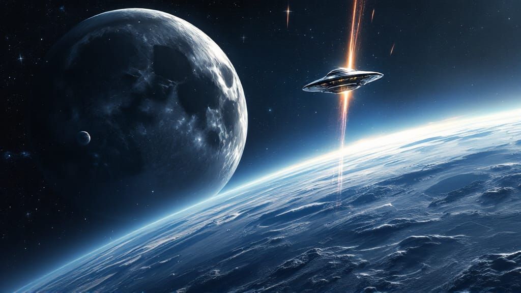 Cosmic UFO Encounter: Moon, Earth, and Meteor Shower