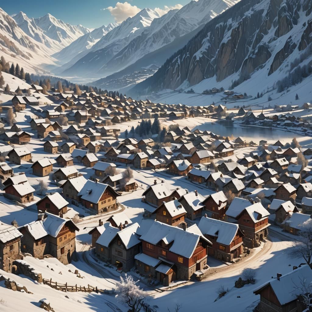 Picturesque Village in Winter Valley: Digital Matte Painting