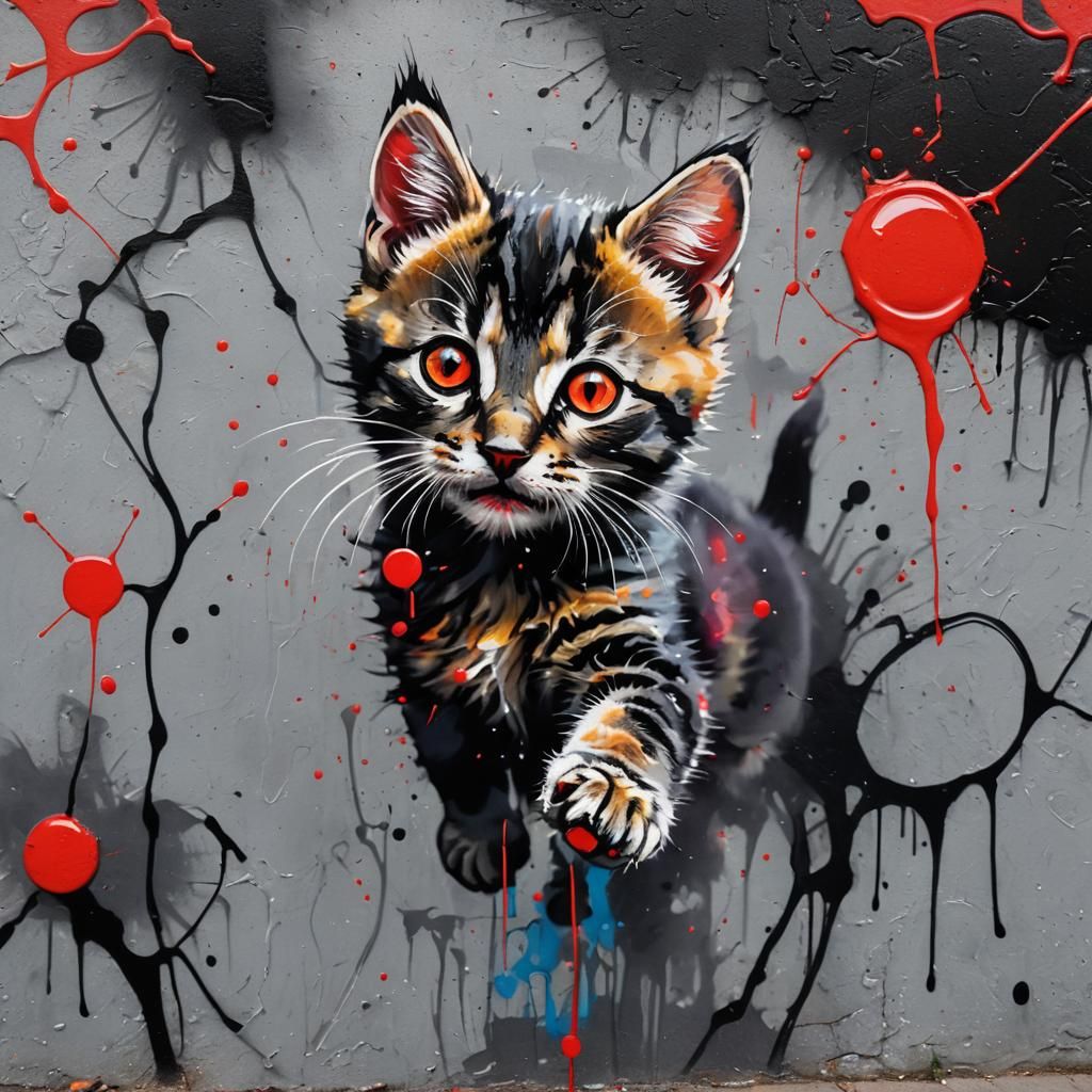 Kitten and Red Dot in Vibrant Street Art