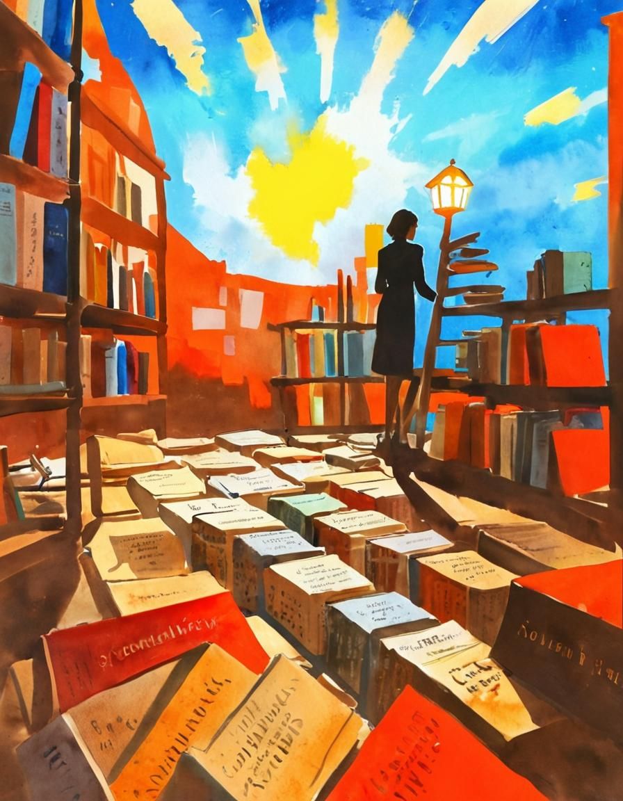 Watercolor Librarian Surrounded by Books in Library