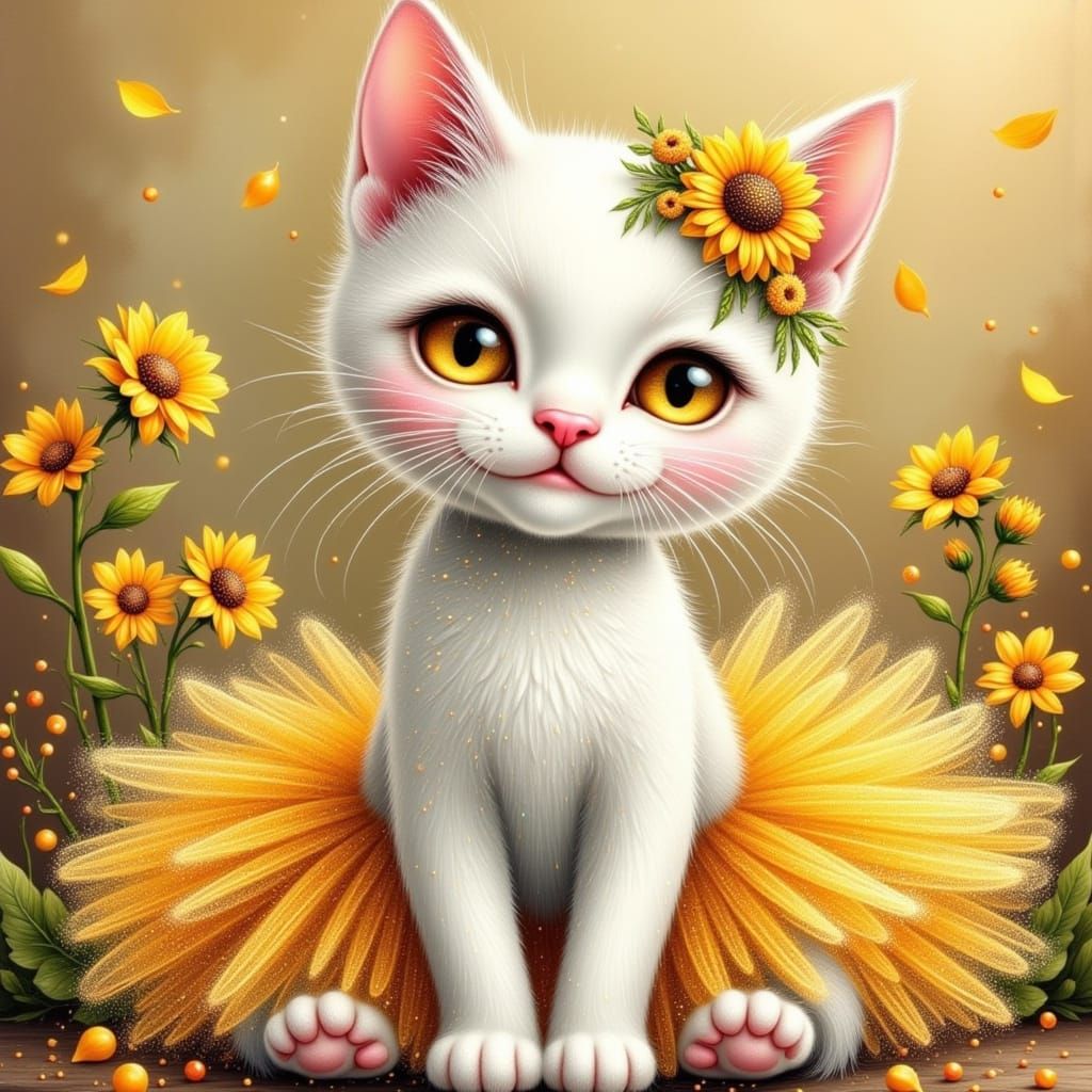 White Kitty with Sunflowers and Sparkly Earrings