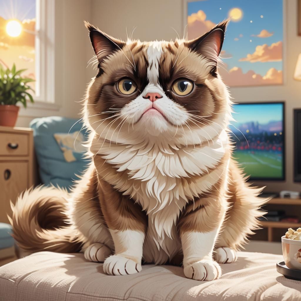 Grumpy Cat Watches Football in Kawaii Anime Style