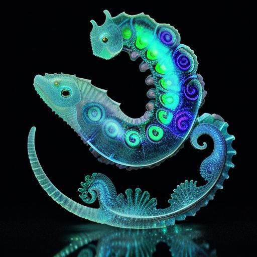 Bioluminescent Seahorse and Dragonfly in Metallic Opalescent...