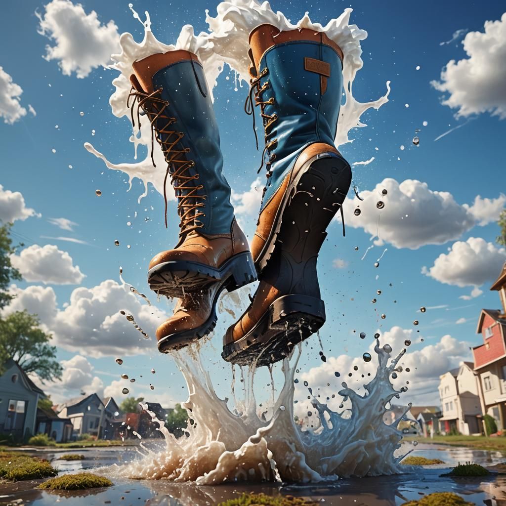 Playful Boots Jumping in Puddle, Fantasy Illustration