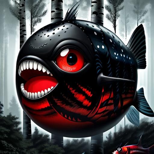 Surreal Fish Creature Hiding in Birch Forest