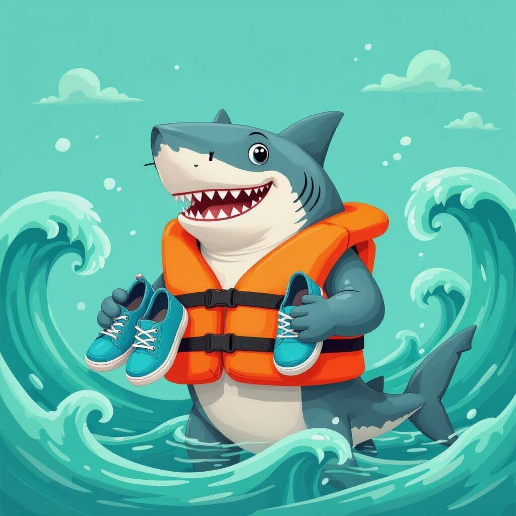 Whimsical Shark with Blue Shoes in Turquoise Waves