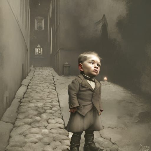 Gloomy Victorian Street Scene with Oliver Twist