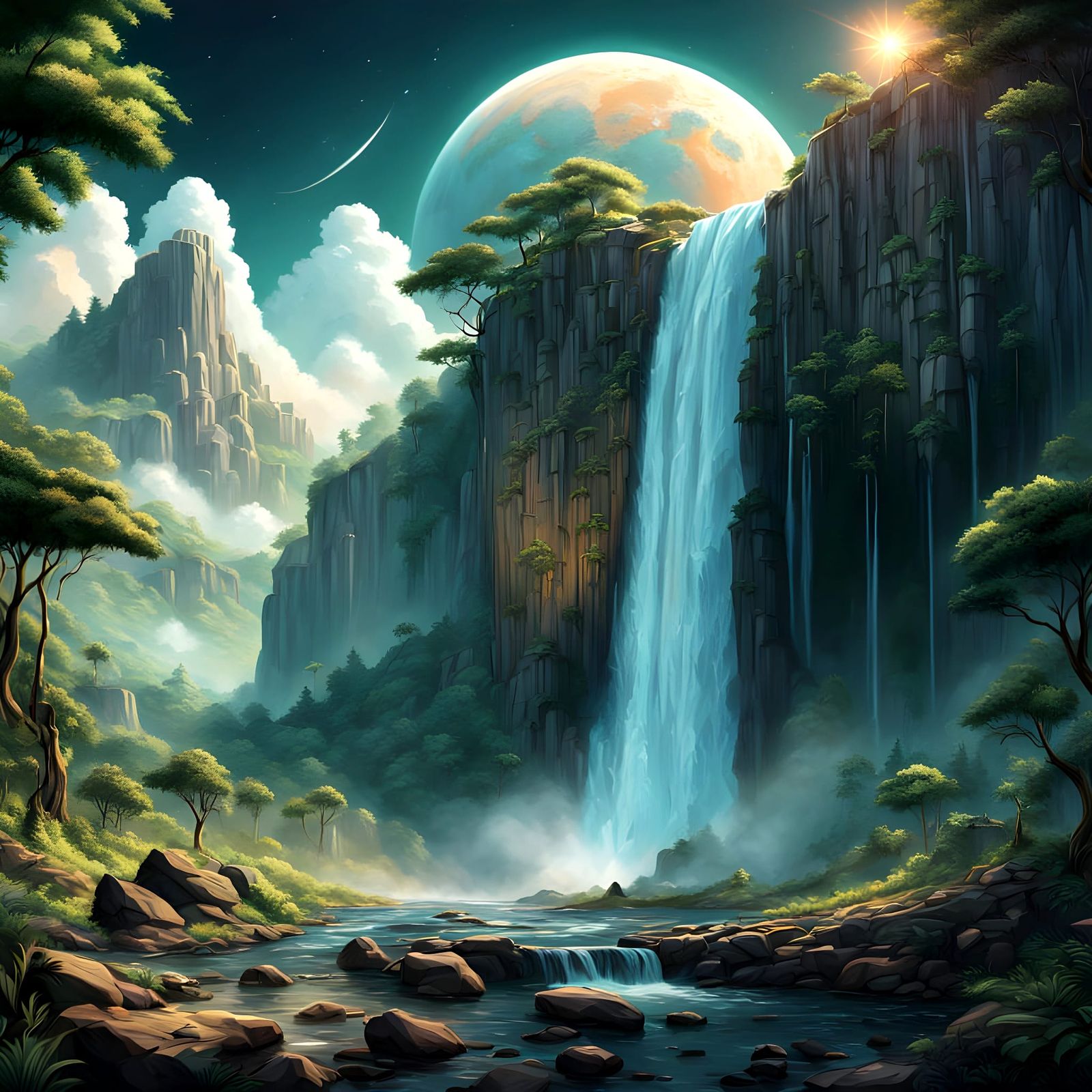 Lush Lunar Waterfall Under Colorful Sky