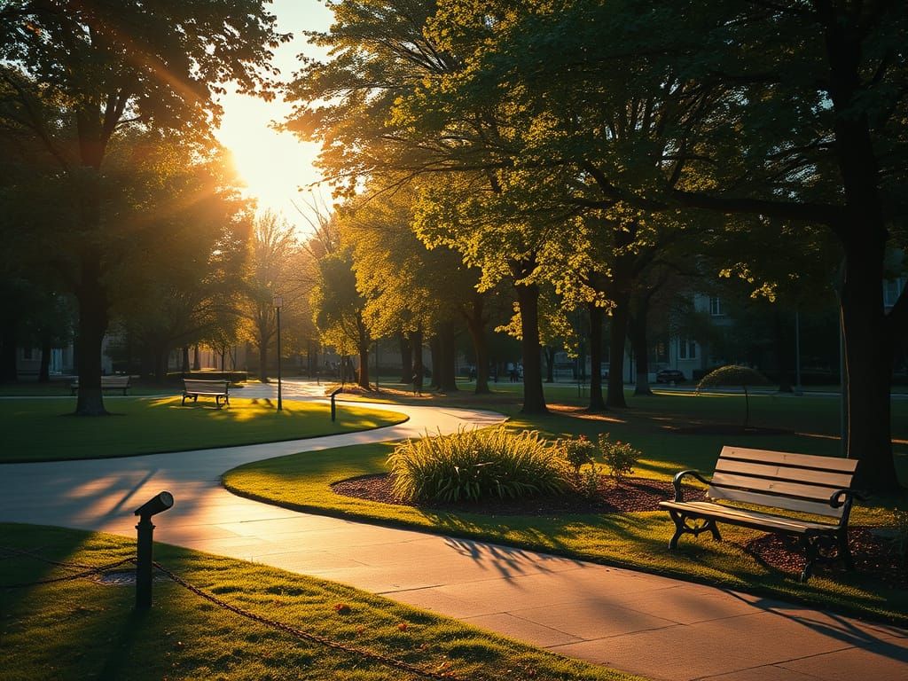 Hyperrealistic HDR Park Scene in Golden Hour Light