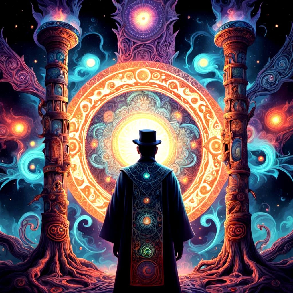 Magician Conjures Cosmic Portal with Bioluminescent Totems