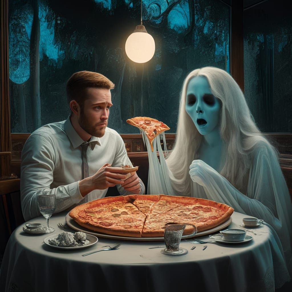 Ghostly Diner Scene with Spectral Woman and Sad Man