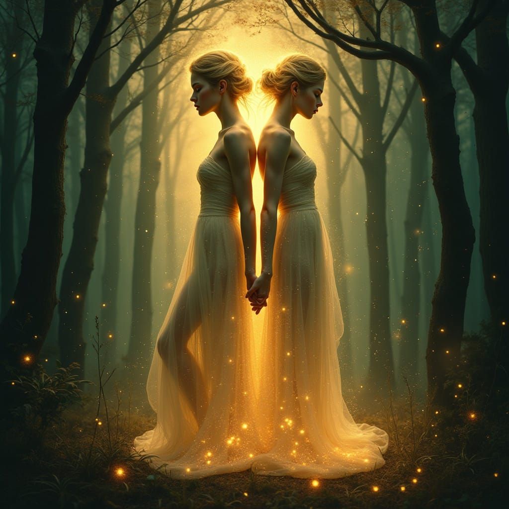 Ethereal Beings in Golden Aura, Mystical Forest