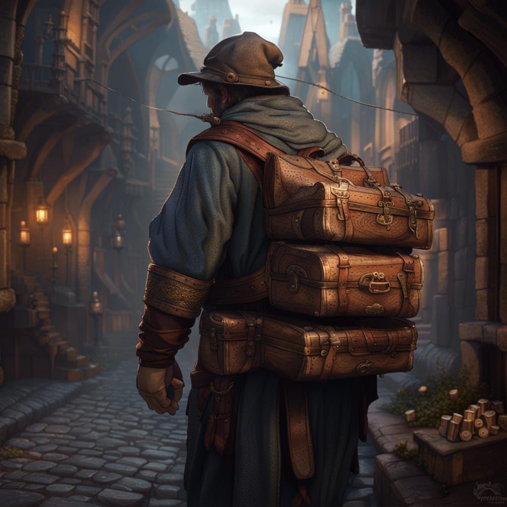 Traveling Merchant with Board Games, Dark Fantasy Art