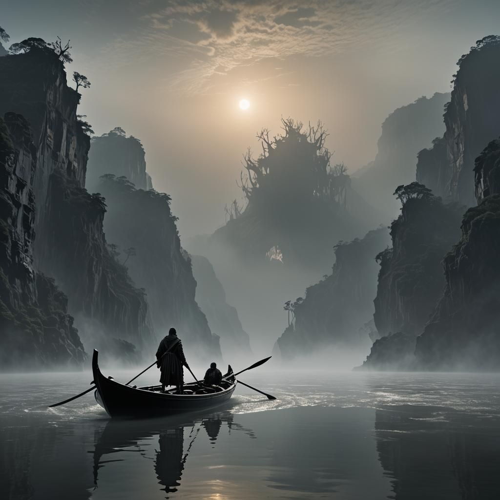 Charon Navigates the River Styx in Gothic Style