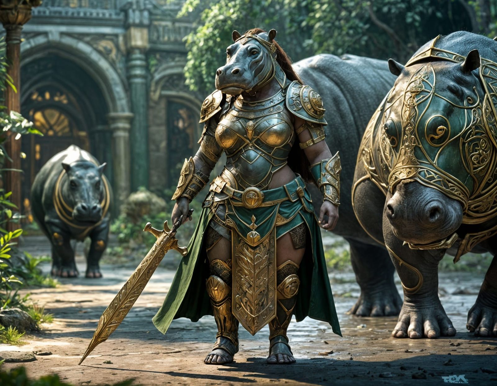 Hippo-Woman Hybrid in Armor, Dark Fantasy Concept