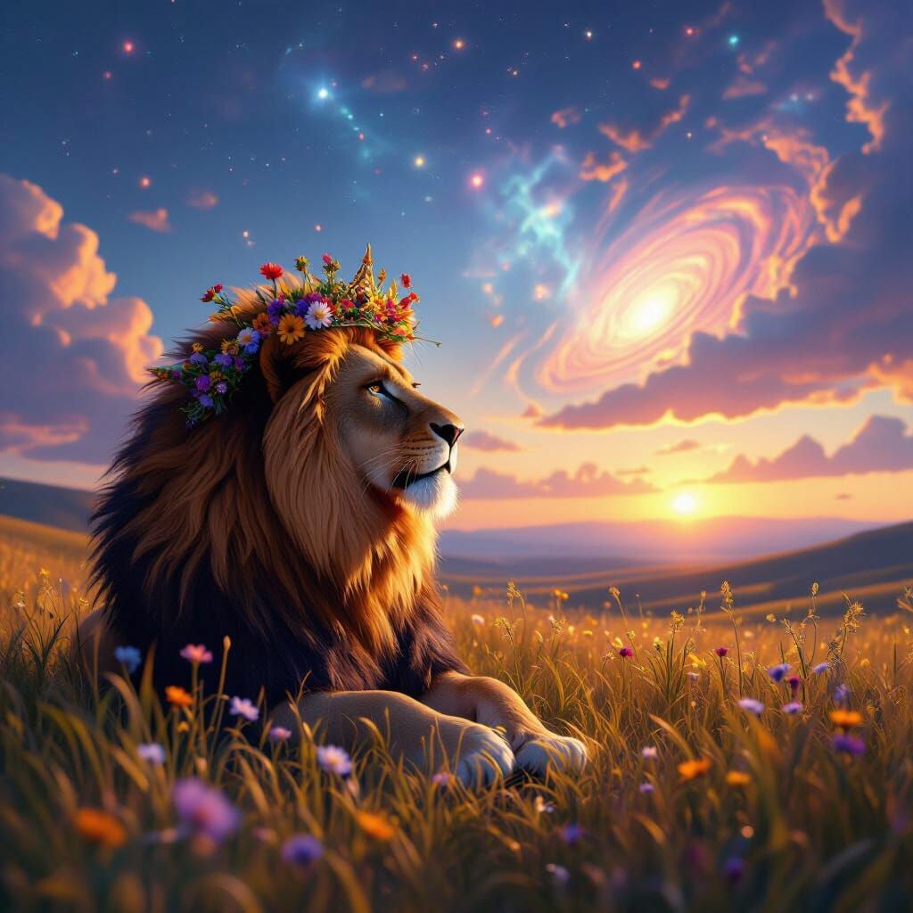 Lion with Wildflower Crown Gazing at Nebula