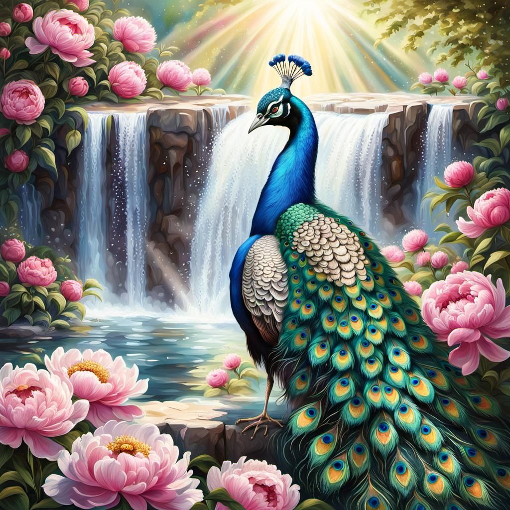 Peacock Spreading Feathers with Peonies and Waterfall