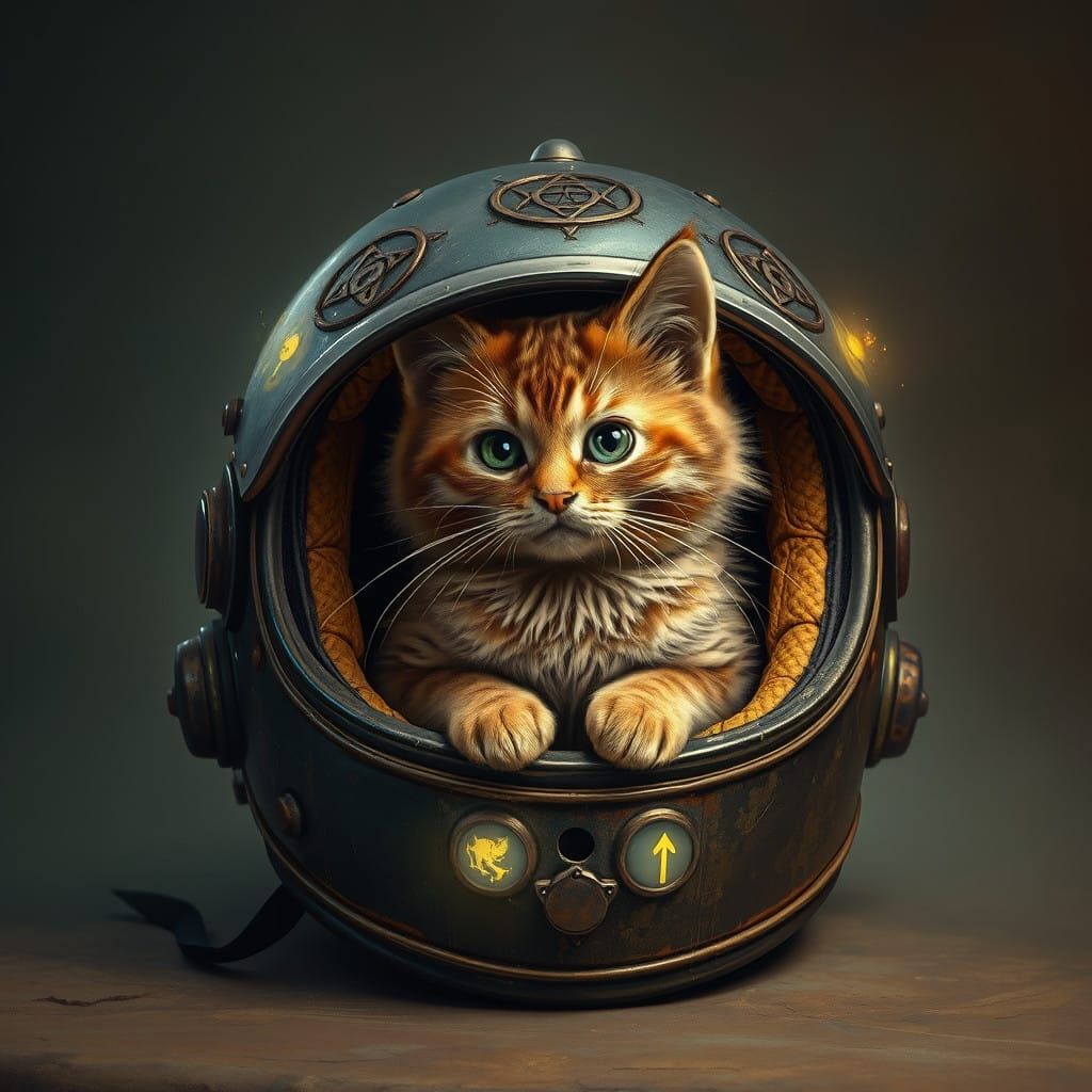 Whimsical Brown Cat in Vintage Motorbike Helmet