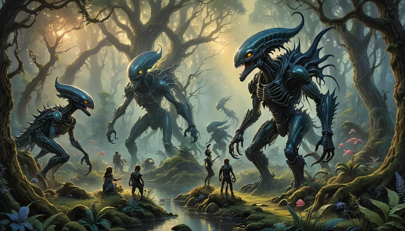 Xenomorph Family in Enchanted Forest, Rococo Style